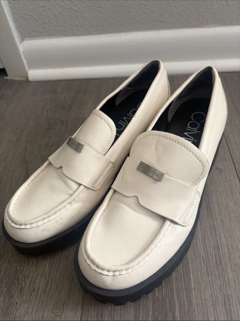 Calvin Klein Cream Leather Penny Loafers with Metal Logo